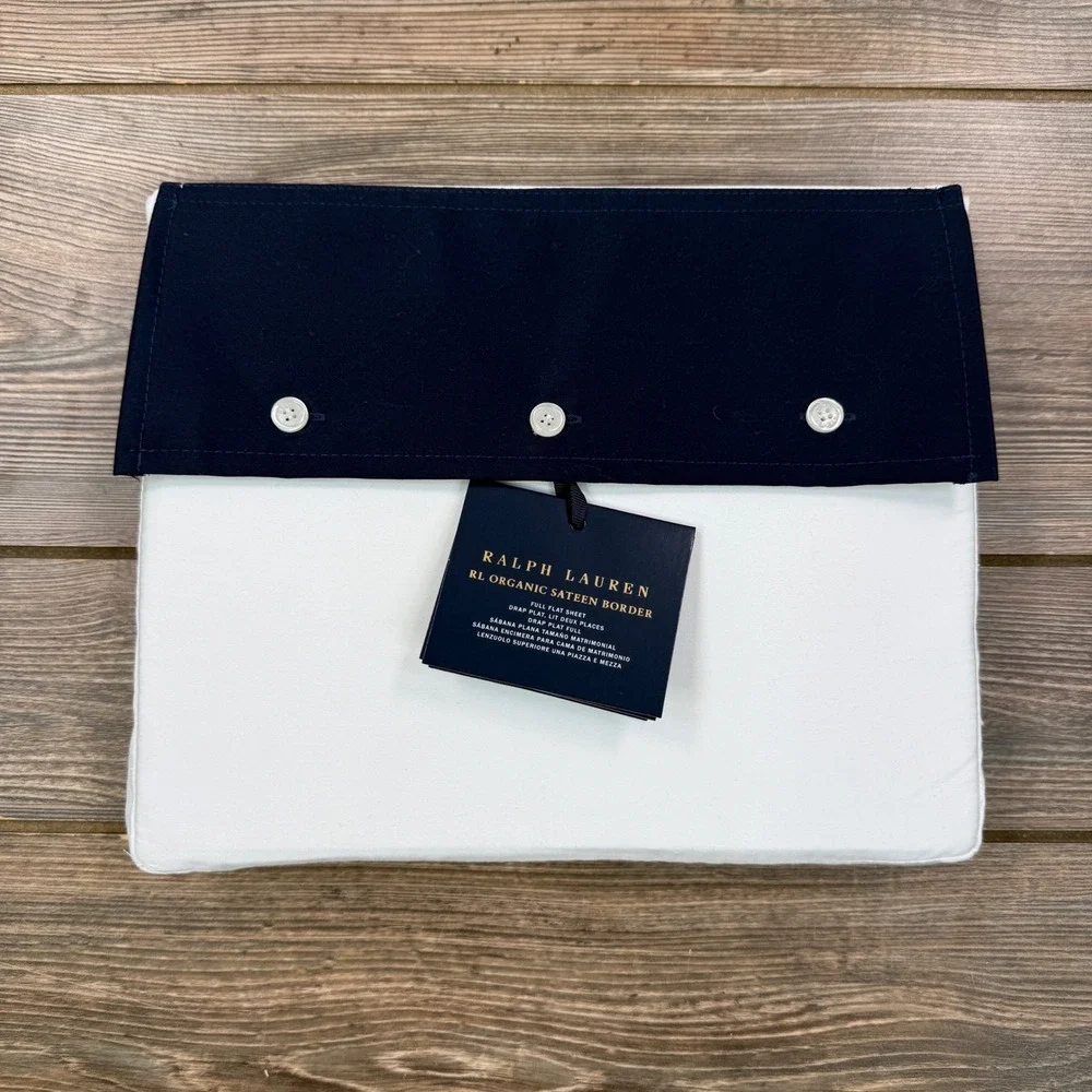Ralph Lauren Full Flat Sheet Polo Navy White Organic Sateen Border 624TC NEW